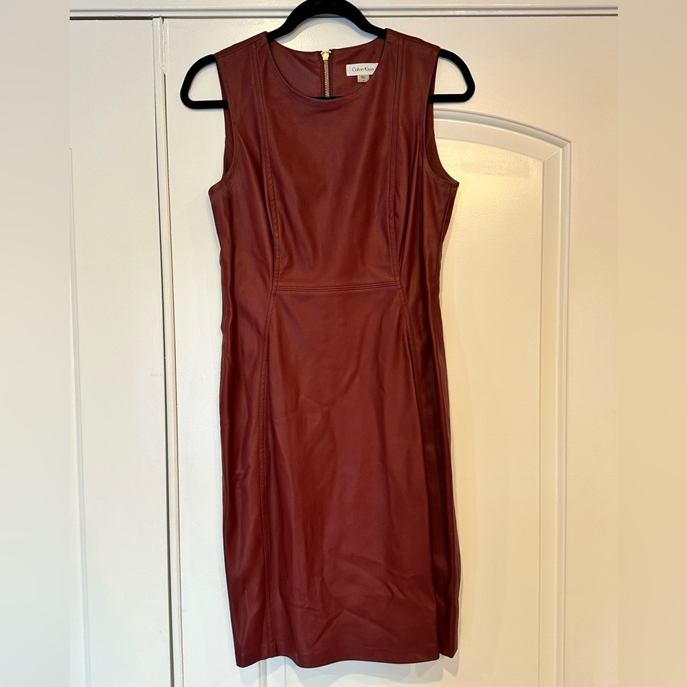 Faux Leather Sleeveless Burgundy Dress